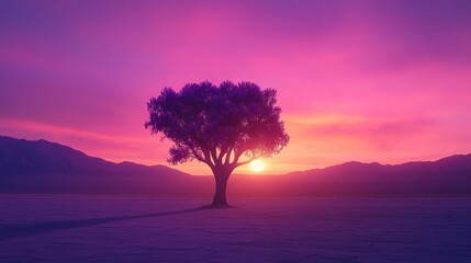 Canvas Print - Solitary tree silhouetted against vibrant sunset over a flat, desert landscape.