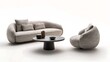 © Quickknow - Comfortable sofa with a minimalistic table and chair on a white background --ar