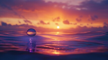 Canvas Print - Glass sphere on water reflecting sunset.