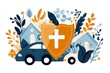 © Thanyarat - A colorful flat design of a glowing shield over a car, house, and medical cross, representing multiple insurance types
