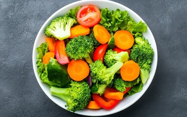 Wall Mural - Vibrant mixed vegetable salad with broccoli, carrots, cherry tomatoes, and spinach in a white ceramic bowl, perfect for showcasing balanced, health conscious meals