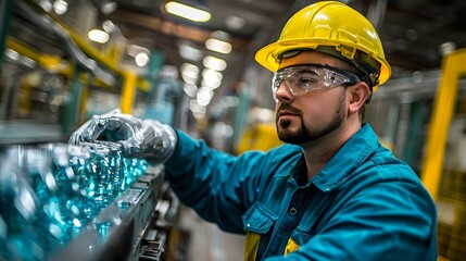 Poster - Engineer in blue coverall inspecting and optimizing the efficiency of a robotic arm in an automated manufacturing plant or factory  Concept of industrial automation technology