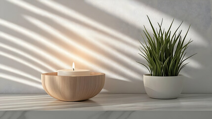 Minimalist Candle and Plant Still Life with Light and Shadow - Illustration