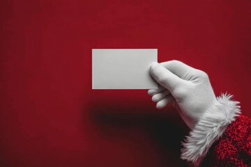 Santa Claus holding a blank card against a vibrant red background during the holiday season