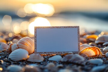 Wall Mural - Shells scattered on a sandy beach with a blank card and the sunset in the background