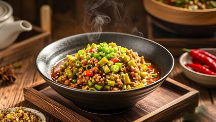 Wall Mural - Steaming bowl of minced meat and green beans in a rich sauce, garnished with spring onions and chili peppers.