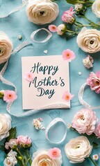 Wall Mural - A card with a flowery background and the words Happy Mother's Day written on it. The card is placed on a blue background with pink flowers