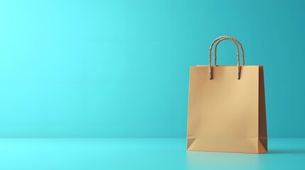 Tan Paper Shopping Bag On Turquoise Background