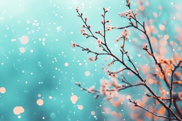 Wall Mural - Winter Branches with Delicate Blossoms and Falling Snowflakes