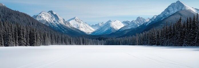 Poster - Snowy Landscape with Majestic Mountains and Evergreen Forests