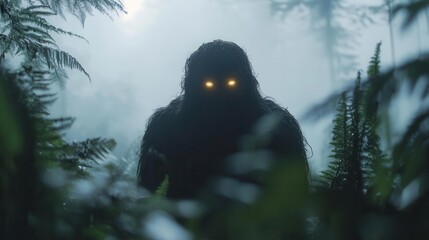 Wall Mural - mysterious bigfoot silhouette lurking through dense pacific northwest forest at twilight with glowing eyes and misty atmosphere, wildlife photography