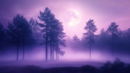 Wall Mural - mystical ai-generated forest scene with ethereal purple fog rolling through ancient pine trees and glowing moonlit clearing at night