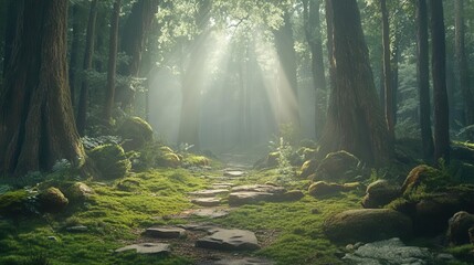 Wall Mural - mystical sunlit forest path through ancient pine trees with morning mist rising from moss-covered ground and sunbeams breaking through canopy