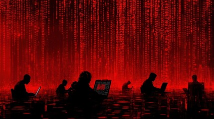 Wall Mural - digital matrix concept with silhouettes and binary code background