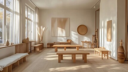 Wall Mural - Sunlit minimalist room with light wood furniture, art, and plants.