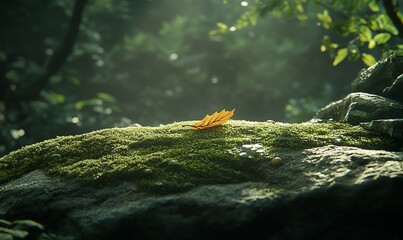 Wall Mural - Single autumn leaf on mossy rock in sunlit forest.