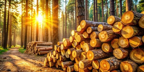 Poster - Sunlight bathes a forest path and a towering pile of freshly cut logs, creating a scene of natural beauty and resourcefulness.