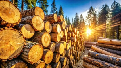 Poster - A Stack of Logs Bathed in the Golden Light of Sunset, Casting Long Shadows Through a Sun-Dappled Forest