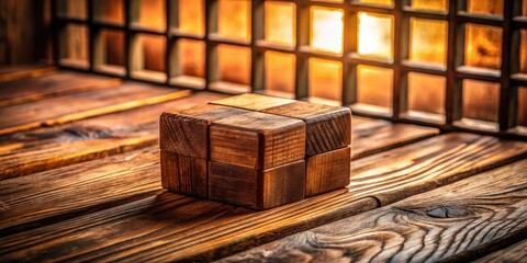 Aufkleber - A wooden cube puzzle rests on a weathered wooden table surface, bathed in the warm glow of light filtering through a window behind it.