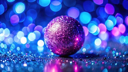 A single shiny purple ornament rests on a bed of glitter, illuminated by a vibrant blue and purple bokeh background.