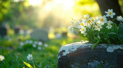 Wall Mural - serene memorial garden scene beautiful fresh spring flowers resting on ancient stone grave marker with soft morning light and peaceful cemetery background