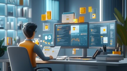 Programmer working late at night on a coding project in a modern home office.