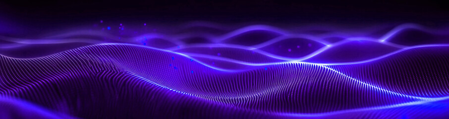 Particle stream. Purple background with many glowing particles. Information technology background