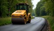 © Kromstar Studios - Industrial road roller truck leveling hot asphalt, on a road construction project