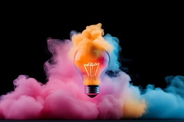 Poster - A clean, minimalist design of a glowing light bulb with swirls of vibrant colors spilling out to symbolize ideas