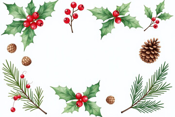 Wall Mural - holly berries spruce pine cones twigs create festive watercolor christmas decoration