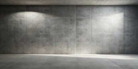 Poster - A minimalist interior space featuring a raw concrete wall illuminated by a single spotlight, casting soft shadows on the smooth floor.