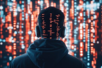 a cyberpunk-inspired scene of a programmer in a neon-lit room, their code flowing into a city and tr