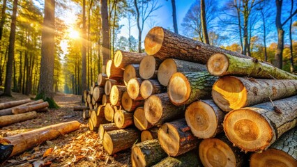 A stack of freshly cut logs in an autumn forest, bathed in the warm glow of the setting sun, showcasing the intricate wood grain patterns and the natural beauty of the surrounding trees.