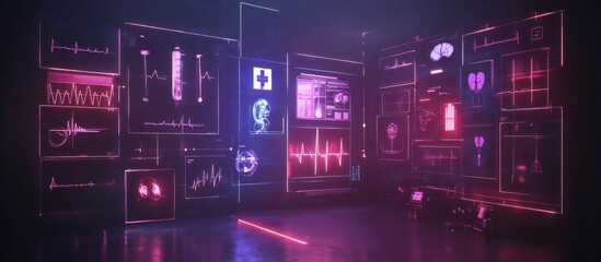 Futuristic medical data visualization; holographic screens display heart rate, brain scans, and other vital signs in a dark room.