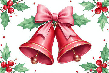 Wall Mural - retro red bells pink bows holly watercolor illustrations festive christmas scenes surrounded greenery natural