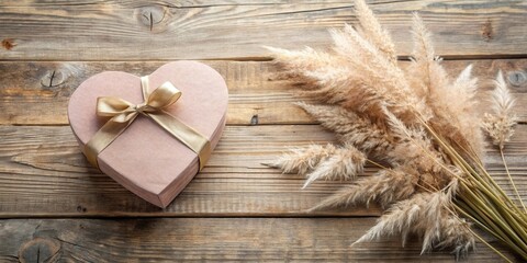 Poster - A heart-shaped gift box tied with a golden ribbon lies on rustic wood, beside a cluster of fluffy, dried reeds.