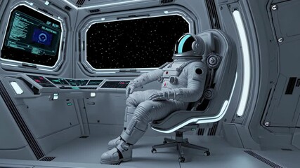 Aufkleber - Astronaut at control center monitors space mission while seated in futuristic spacecraft environment