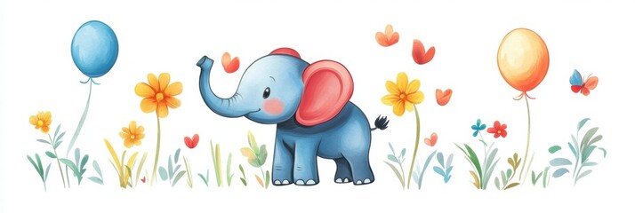 Aufkleber - Cute elephant illustration with flowers and balloons, perfect for a playful design with mock up space. Generative AI