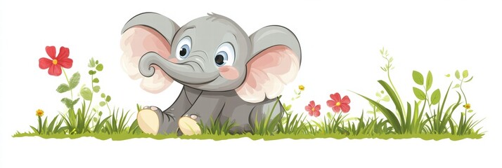 Poster - Colorful illustration of a cheerful elephant sitting in a vibrant garden surrounded by flowers and greenery. Generative AI
