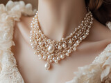necklace featuring pearls and gold filigree, worn over a textured satin gown in a soft blush color