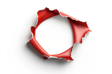 Red paper with jagged torn edges forming a circular opening, revealing a white background for creative design concepts.