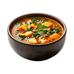 Bowl with delicious turkey soup isolated on transparent background