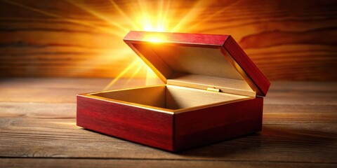 Poster - An open wooden box on a rustic wooden background with a beam of light shining from within.