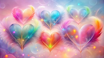 Aufkleber - A vibrant and ethereal arrangement of hearts, each crafted from delicate feathers in a kaleidoscope of colors, illuminated by a soft and dreamy glow.