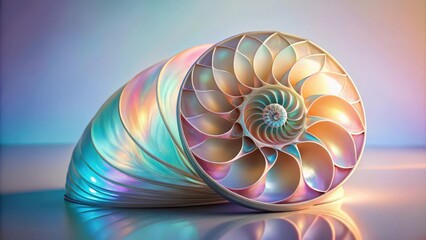 Aufkleber - A pearlescent nautilus shell with iridescent colors and a delicate spiral pattern, reflecting light on a smooth surface.