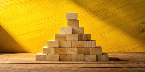 Aufkleber - A pyramid constructed from wooden blocks resting on a brown surface with a yellow wooden background