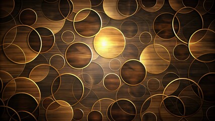 Poster - A captivating abstract design with golden circles layered on a rich brown wooden surface, showcasing intricate details and a sense of depth.