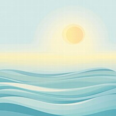 Poster - Stylized sun rising over soft waves with plenty of blank space for text or messages suitable for various uses. Generative AI