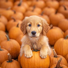 Canvas Print - Adorable Golden Puppy Sitting Among Vibrant Orange Pumpkins