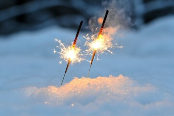 Sticker - Sparklers shining bright in the snow during a winter celebration at dusk